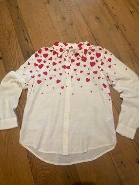 Lucky Brand Scattered Red Heart White Button Down Shirt Blouse Size SMALL 2024